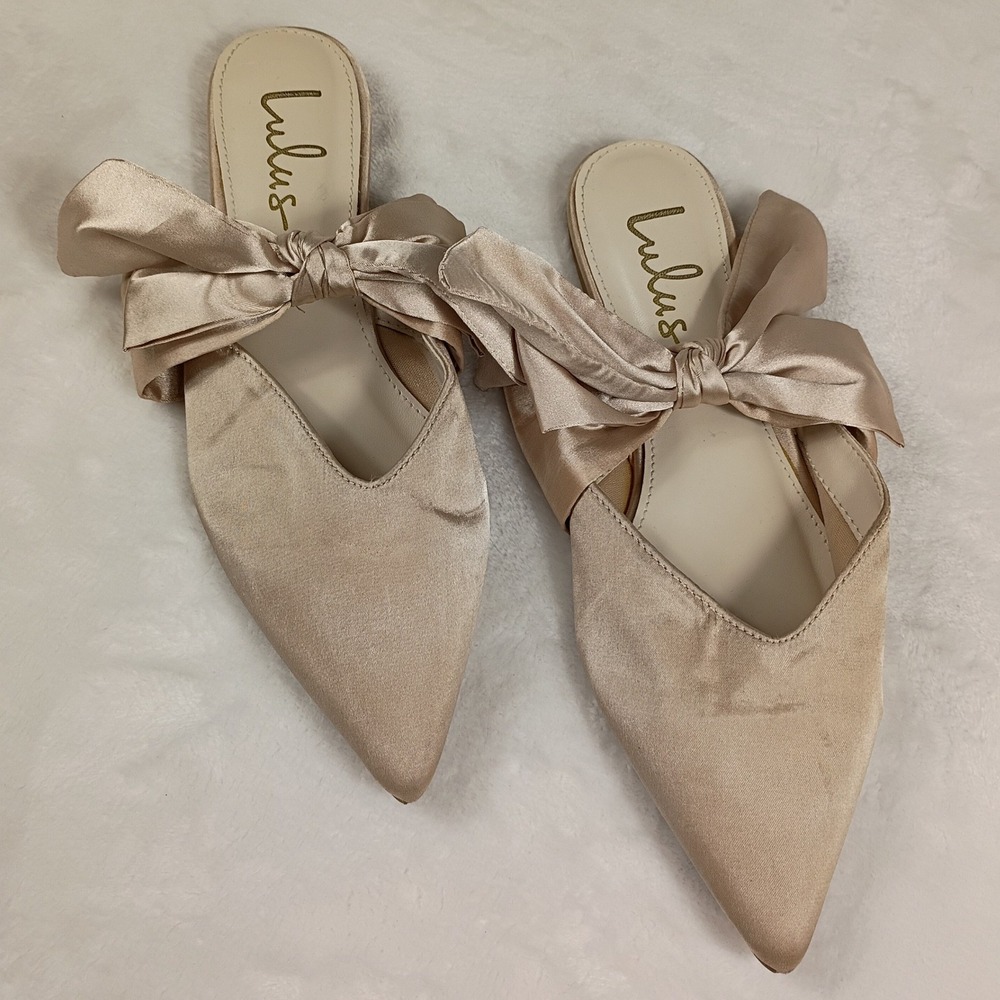 Lulus Mule Flats Womens 6.5 Champagne  Satin Bow Pointed‎ Toe Slides